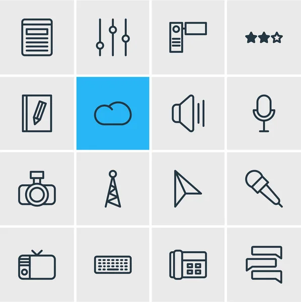 illustration of 16 music icons line style. Editable set of chat, mike, microphone and other icon elements.