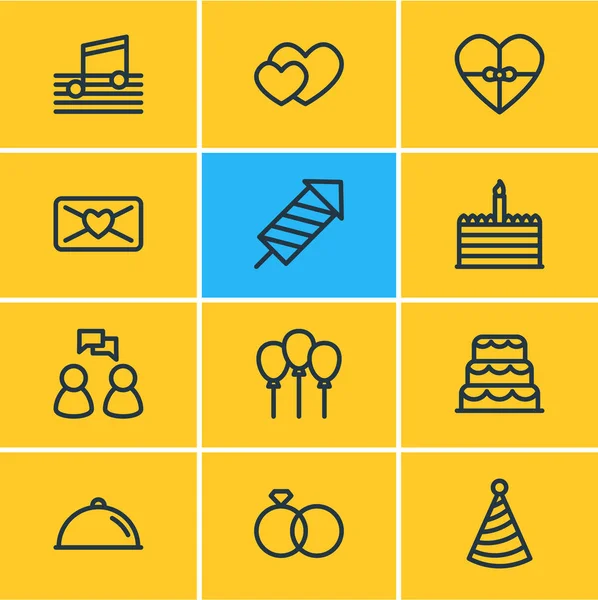 Ilustración de 12 iconos de eventos estilo de línea. Conjunto editable de conversación, música, boda y otros elementos del icono . —  Fotos de Stock