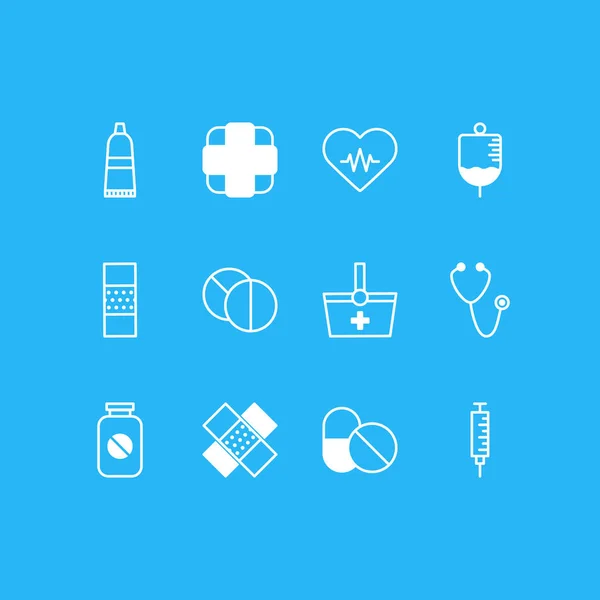 Ilustração de 12 ícones de saúde estilo linha. Conjunto editável de seringa, frasco de pílula, gesso e outros elementos de ícone . — Fotografia de Stock