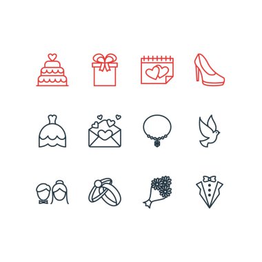 12 nişan simgeler çizgi stili vektör Illustration. Kolye, vecize, evlilik gün ve diğer simge öğeleri düzenlenebilir kümesi.