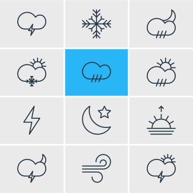 12 hava simgeleri çizgi stili vektör Illustration. Rüzgar, gale, kar fırtınası ve diğer simge öğeleri düzenlenebilir kümesi.