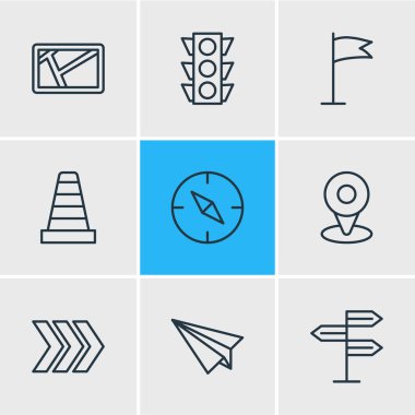 9 yer simgeler çizgi stili vektör Illustration. Kağıt Uçak, bayrak, yön ve diğer simge öğeleri düzenlenebilir kümesi.