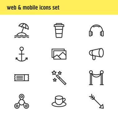 12 sevinç simgeler çizgi stili vektör Illustration. Düzenlenebilir kahveye gitmek, sihirli değnek, bağlantı simgesini öğeleri kümesi.