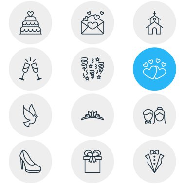 12 simgeleri çizgi stili düğün vektör Illustration. Damat takım elbise, davet, kilise ve diğer simge öğeleri düzenlenebilir kümesi.