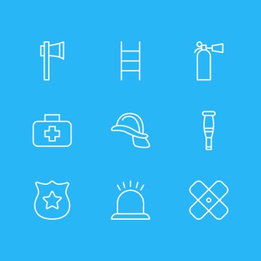 9 zorunluluk simgeler çizgi stili vektör Illustration. İlk yardım kutusu, yangın söndürücü, alçı ve diğer simge öğeleri düzenlenebilir kümesi.