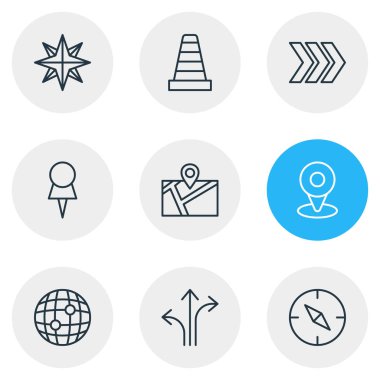 9 yönünü simgeler çizgi stili vektör Illustration. Yön, raptiye, Yönlendirme ve diğer simge öğeleri düzenlenebilir kümesi.