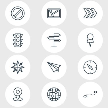 12 gezinti simgeler çizgi stili vektör Illustration. Yön tabelası, PIN, rota ve diğer simge öğeleri düzenlenebilir kümesi.