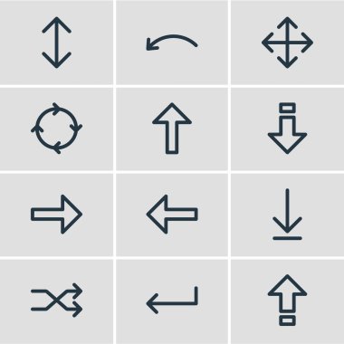 12 yönünde simgeler çizgi stili vektör Illustration. Caps lock, yukarı-aşağı, ileri ve diğer simge öğeleri düzenlenebilir kümesi.