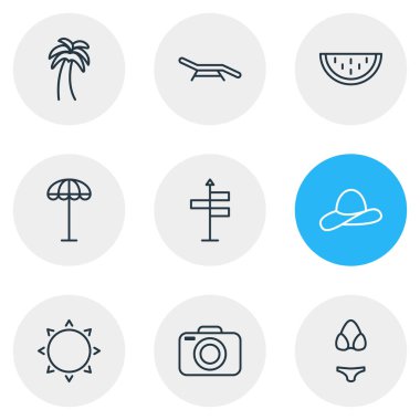 9 sezon simgeler çizgi stili vektör Illustration. Şapka, Güneş, palmiye ve diğer simge öğeleri düzenlenebilir kümesi.