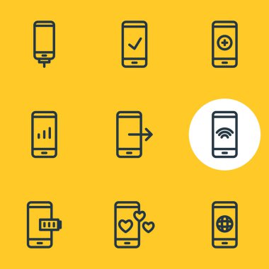 9 smartphone simgeler çizgi stili vektör Illustration. Küre, pil, onay ve diğer simge öğeleri düzenlenebilir kümesi.