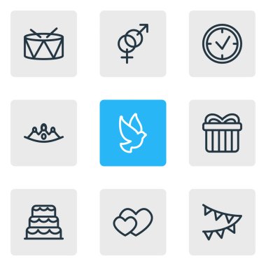 9 olaylar simgeler çizgi stili vektör Illustration. Davul, taç, kalp ve diğer simge öğeleri düzenlenebilir kümesi.