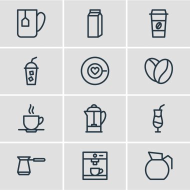 12 java simgeler çizgi stili vektör Illustration. Çay poşeti, pot, kahve makinesi ve diğer simge öğeleri düzenlenebilir kümesi.