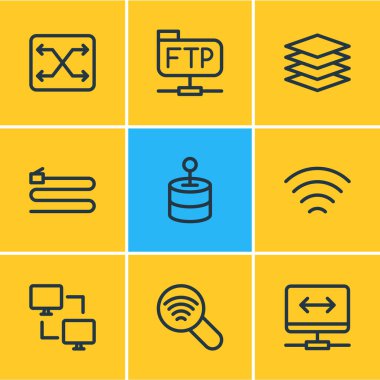 9 Internet simgeleri çizgi stili vektör Illustration. Kablo, wifi, vpn ve diğer simge öğeleri düzenlenebilir kümesi.