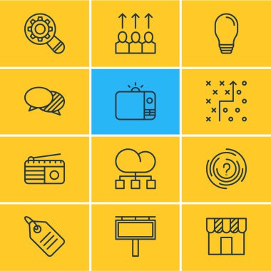 12 simgeleri çizgi stili reklam vektör Illustration. Açık reklam, tanıtım, çözüm ve diğer simge öğeleri düzenlenebilir kümesi.