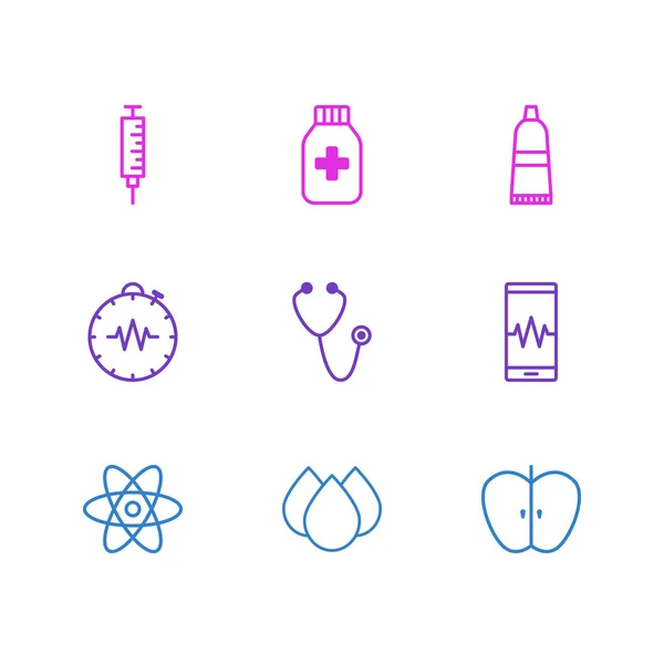 Vektorillustration von 9 Medizinsymbolen Zeilenstil. Editierbares Set aus Zahnpasta, Atom, Medikamentenbehälter und anderen Symbolelementen. — Stockvektor