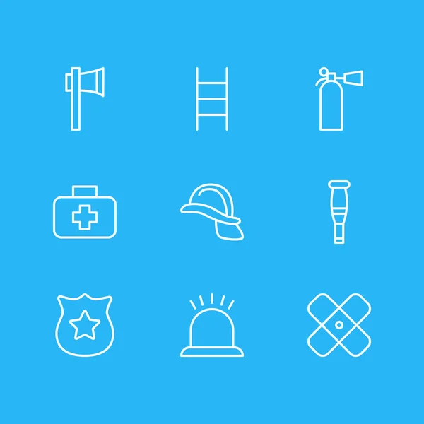 Ilustración vectorial de 9 iconos de necesidad estilo de línea. Conjunto editable de caja de primeros auxilios, extintor, yeso y otros elementos del icono . — Vector de stock
