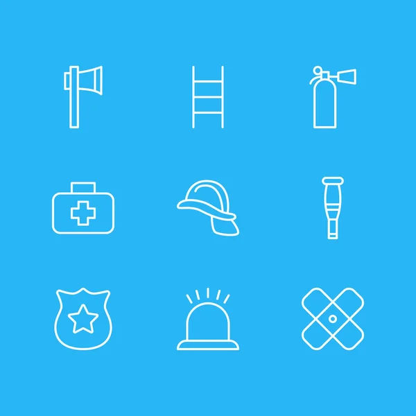 Vector illustration of 9 necessity icons line style. Editable set of first aid box, extinguisher, plaster and other icon elements. — Stock Vector