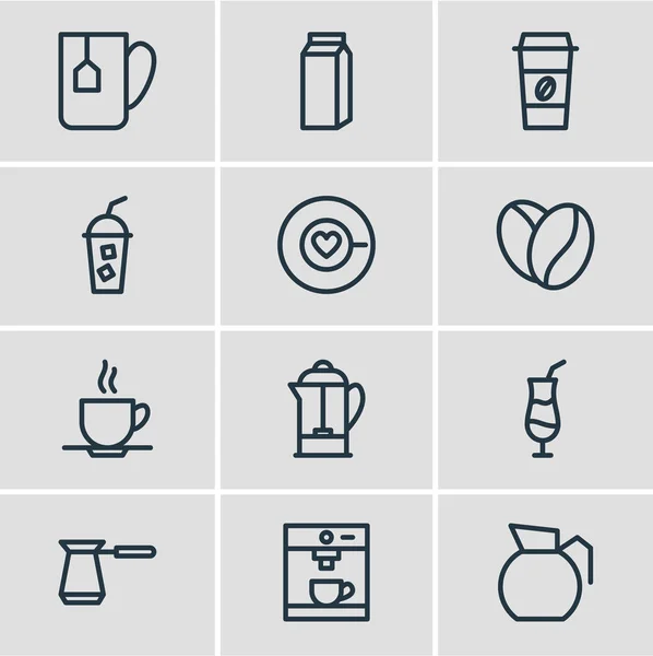 矢量图 12 java 图标线样式。可编辑的茶叶袋, 壶, 咖啡机和其他图标元素集. — 图库矢量图片