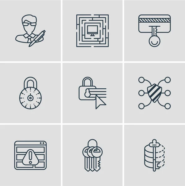 Illustrazione vettoriale di 9 icone di protezione stile linea. Set modificabile di portachiavi, pagamento sicuro, diritti d'autore e altri elementi icona . — Vettoriale Stock
