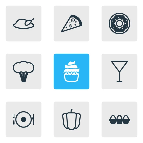 Векторная иллюстрация стиля линии из 9 иконок еды. Столовый набор из брокколи, пиццы, перца колокольчика и других знаковых элементов . — стоковый вектор