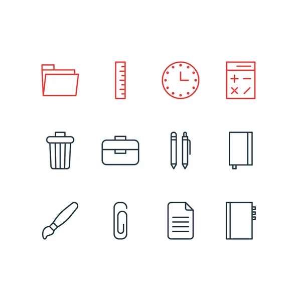 Vektorillustration av 12 verktyg ikoner linjeformat. Redigerbara uppsättning papperskorgen, häfte, miniräknare och andra ikonen element. — Stock vektor