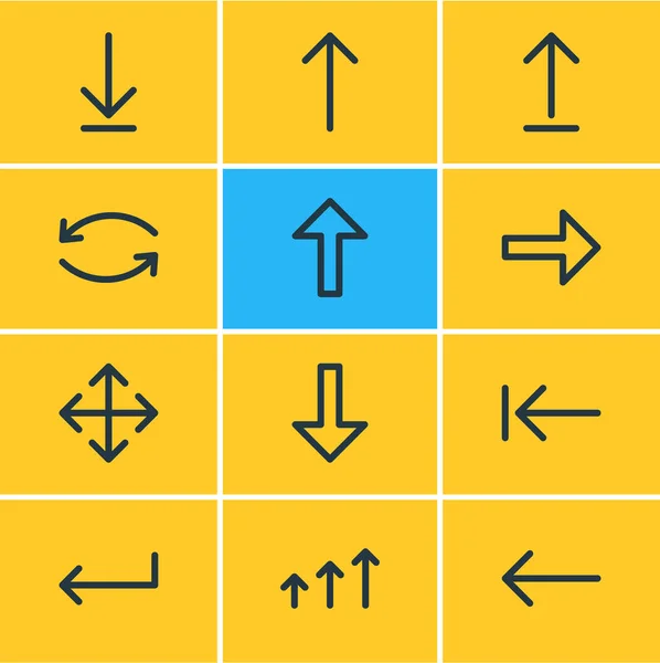 Illustrazione vettoriale di 12 icone segno stile linea. Set modificabile di elementi verso l'alto, backspace, progresso e altre icone . — Vettoriale Stock