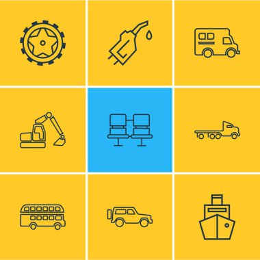 9 taşıma simgeler çizgi stili Illustration. Flatbed kamyon, benzin boru, Çift katlı otobüs ve diğer simge öğeleri düzenlenebilir kümesi.
