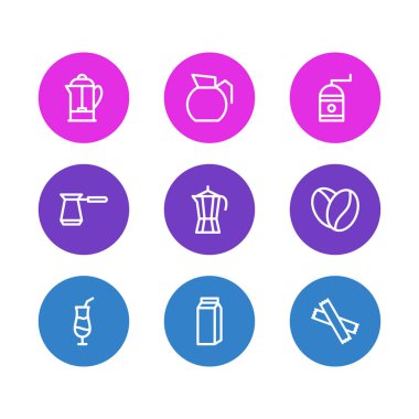 9 java simgeler çizgi stili Illustration. Kokteyl, süzücü, şeker ve diğer simge öğeleri düzenlenebilir kümesi.
