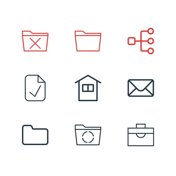 Ilustración de 9 iconos de la oficina estilo de línea. Conjunto editable de correo, carpeta, estructura y otros elementos del icono . —  Fotos de Stock