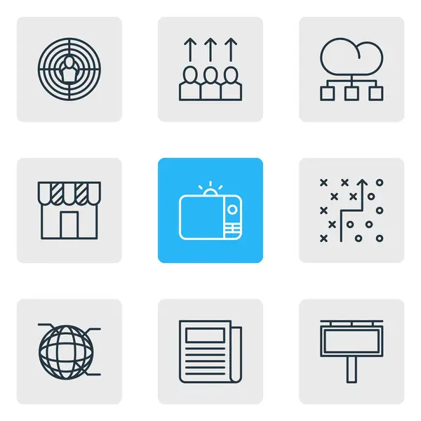 Illustration von 9 Marketing-Symbolen Linie Stil. editierbares Set von TV, Außenwerbung, Zielgruppe und anderen Symbolelementen. — Stockfoto