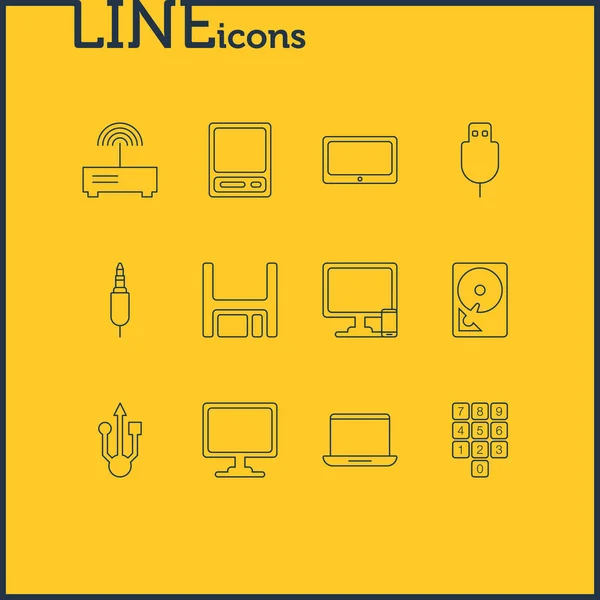 Ilustración de 12 iconos de cuaderno estilo de línea. Conjunto editable de numpad, smartphone, laptop y otros elementos del icono . — Foto de Stock