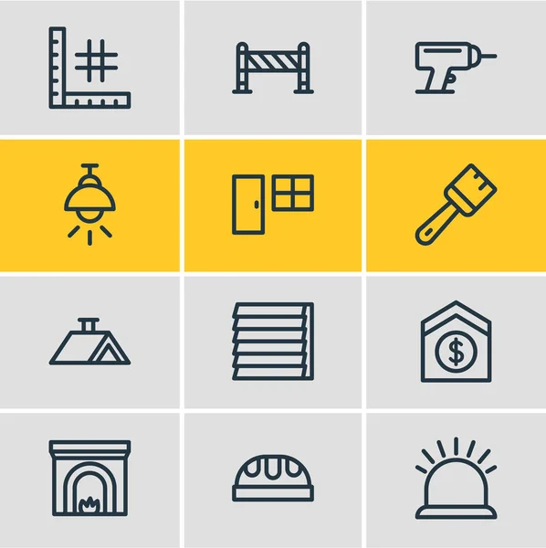 Ilustración de 12 iconos de la industria estilo de línea. Conjunto editable de seguridad, techo, vender la casa y otros elementos del icono . — Foto de Stock