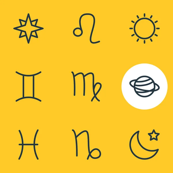 Ilustración de 9 iconos de constelación estilo de línea. Conjunto editable de virgo, leo, luna y otros elementos del icono . —  Fotos de Stock