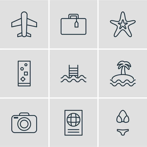 illustration of 9 season icons line style. Editable set of bikini, camera, island icon elements.