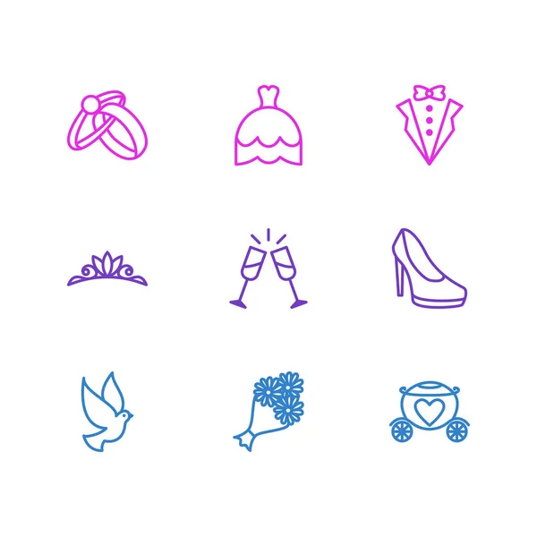 Illustration von 9 Verlobungssymbolen Zeilenstil. editierbares Set aus Ringen, Fersenschuhen, Brautkleid und anderen Symbolelementen. — Stockfoto