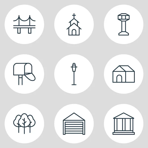 Ilustración de 9 iconos de infraestructura estilo de línea. Conjunto editable de árbol, puente, academia y otros elementos del icono . —  Fotos de Stock