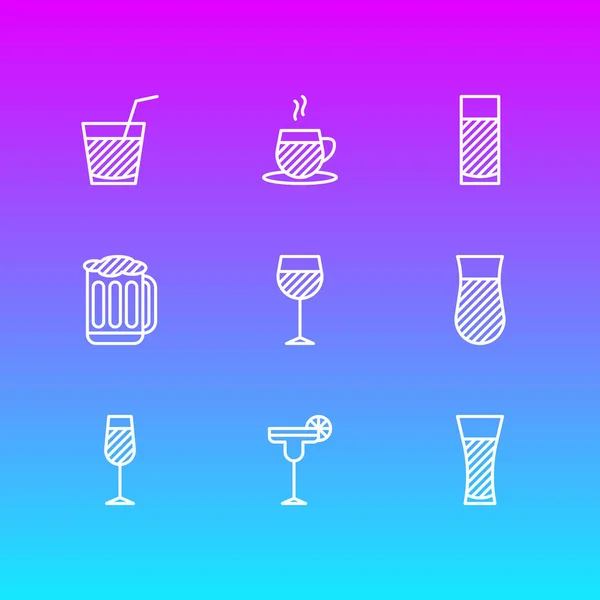 Illustration de 9 boissons icônes style ligne. Ensemble modifiable de soude, cappuccino, verre d'eau et autres éléments d'icône . — Photo