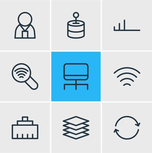Ilustracja 9 internet ikony stylu linii. Można edytować zestaw synchronizacji, wifi, połączony komputer i inne elementy ikony. — Zdjęcie stockowe