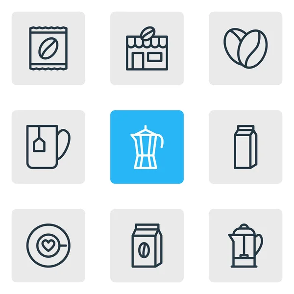 Illustration av 9 kaffe ikoner linjeformat. Redigerbara uppsättning cappuccino, pack, café och andra ikonen element. — Stockfoto