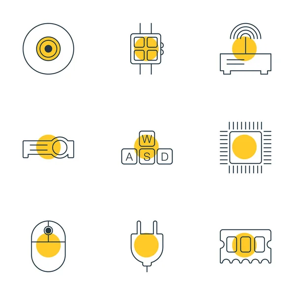 插图9笔记本电脑图标线样式。可编辑的照相机镜头、ram、游戏键盘和其他图标元素集. — 图库照片