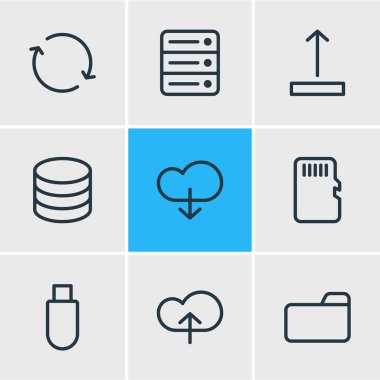 9 depolama simgeler çizgi stili vektör Illustration. Düzenlenebilir kümesi klasörü, sunucu, cloud ve diğer simge öğeleri.