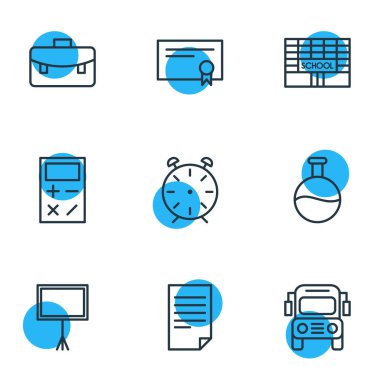 9 bilim simgeler çizgi stili vektör Illustration. Hesap makinesi, alarm, bina ve diğer simge öğeleri düzenlenebilir kümesi.