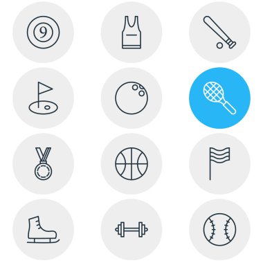 12 fitness simgeler çizgi stili vektör Illustration. Üniforma, Bilardo, Son'u ve diğer simge öğeleri düzenlenebilir kümesi.