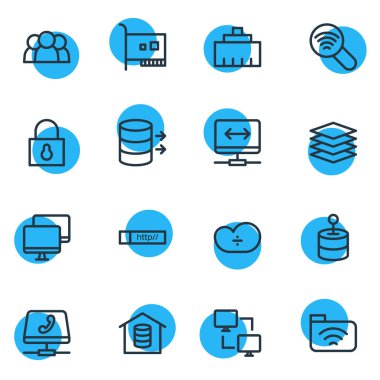 16 web simgeler çizgi stili vektör Illustration. Uzaktan, kullanıcılar, ağ çözümü ve diğer simge öğeleri düzenlenebilir kümesi.