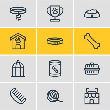 12 Hayvanat Bahçesi simgeler çizgi stili vektör Illustration. Yaka, kuş kafesi, konserve köpek maması ve diğer simge öğeleri düzenlenebilir kümesi.
