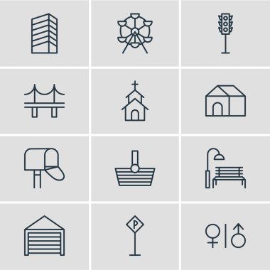 12 kentsel simgeleri çizgi stili vektör Illustration. Wc, trafik ışığı, alışveriş ve diğer simge öğeleri düzenlenebilir kümesi.