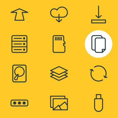 12 bellek simgeler çizgi stili vektör Illustration. Parola, kategori, sabit disk disk ve diğer simge öğeleri düzenlenebilir kümesi.