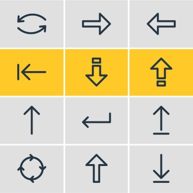 12 yönünde simgeler çizgi stili vektör Illustration. Upload, düzenlenebilir ayarlanmış bırakan, girin ve diğer simge öğeleri.