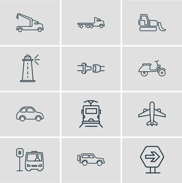 Illustrazione vettoriale di 12 icone di trasporto stile linea. Set modificabile di cinture di sicurezza, scooter, suv e altri elementi icona . — Vettoriale Stock