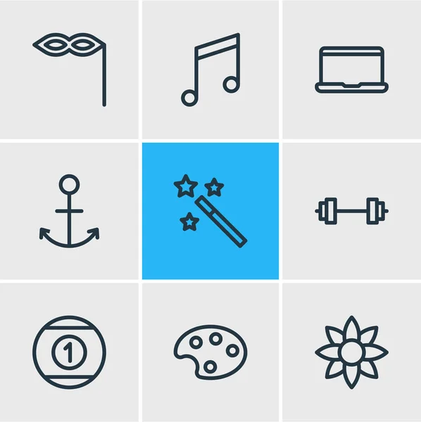 Illustrazione vettoriale di 9 icone gioia stile linea. Set modificabile di ancora, bacchetta magica, elementi icona maschera . — Vettoriale Stock
